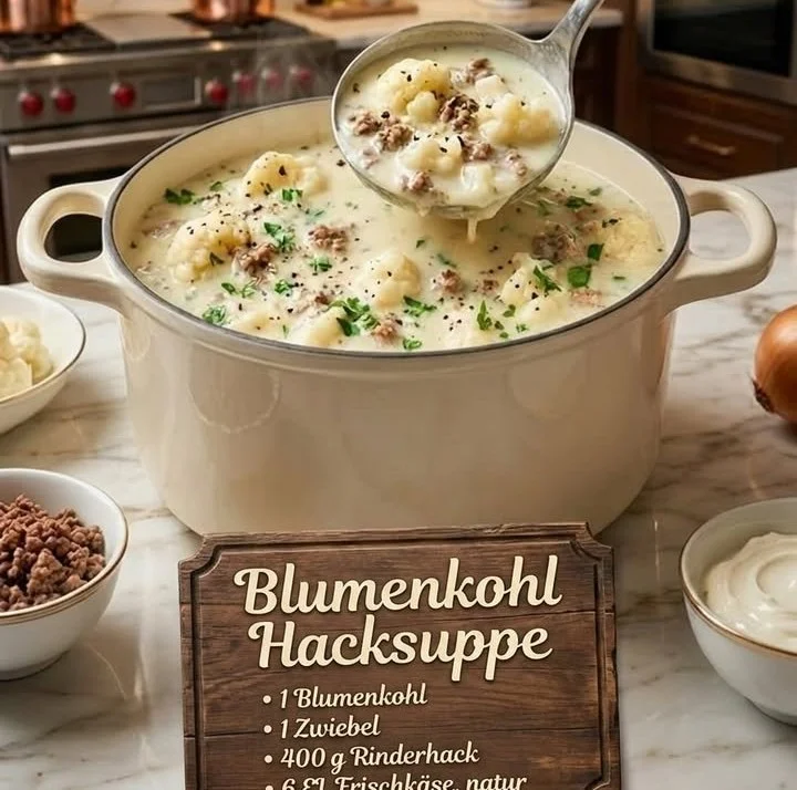 Leckere Blumenkohl-Hacksuppe in einer Schüssel mit frischen Kräutern garniert.