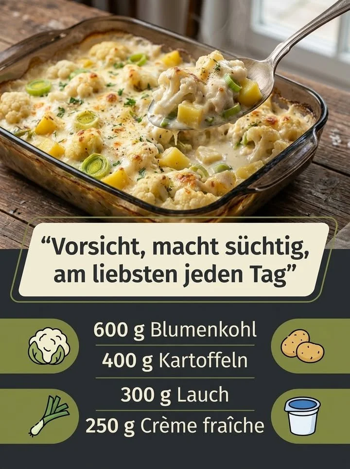Blumenkohl-Kartoffel-Lauch-Auflauf mit Crème fraîche in einer Auflaufform