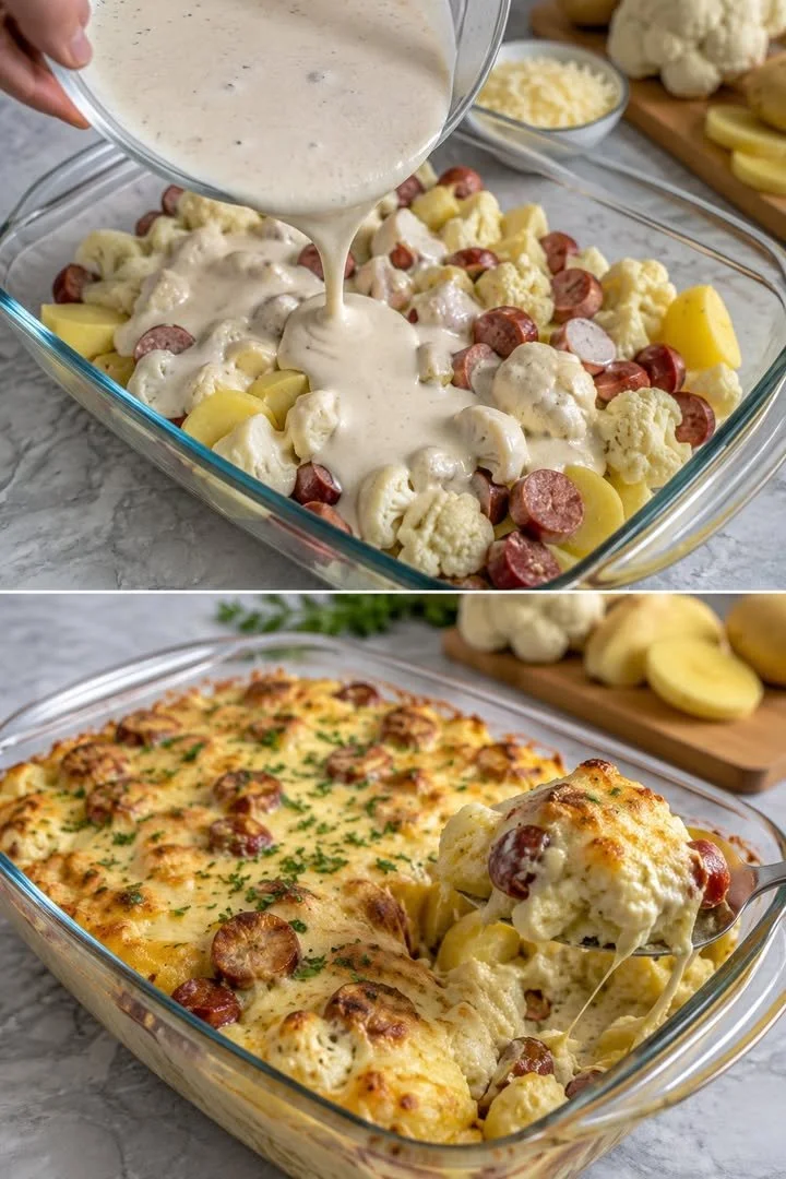 Leckere Blumenkohlauflauf mit Kartoffeln frisch aus dem Ofen
