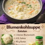 Cremige Blumenkohlsuppe in einer weißen Schüssel mit frischen Kräutern garniert