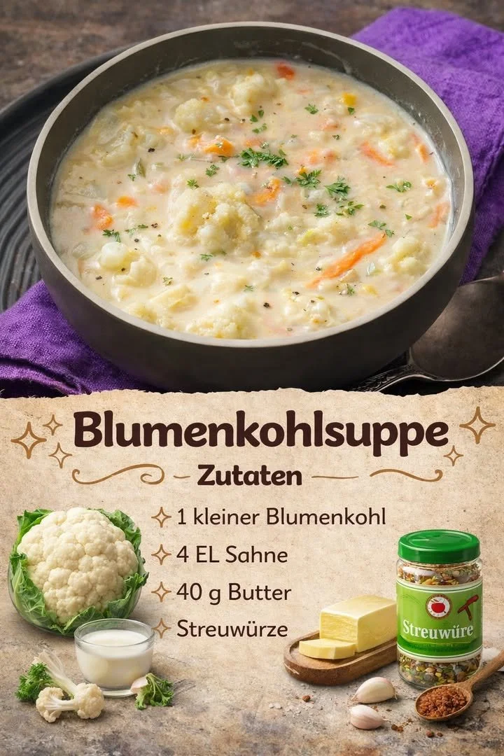 Cremige Blumenkohlsuppe in einer weißen Schüssel mit frischen Kräutern garniert