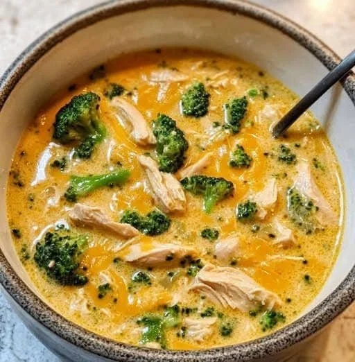 Brokkoli-Hähnchensuppe mit Käse in einer Schüssel