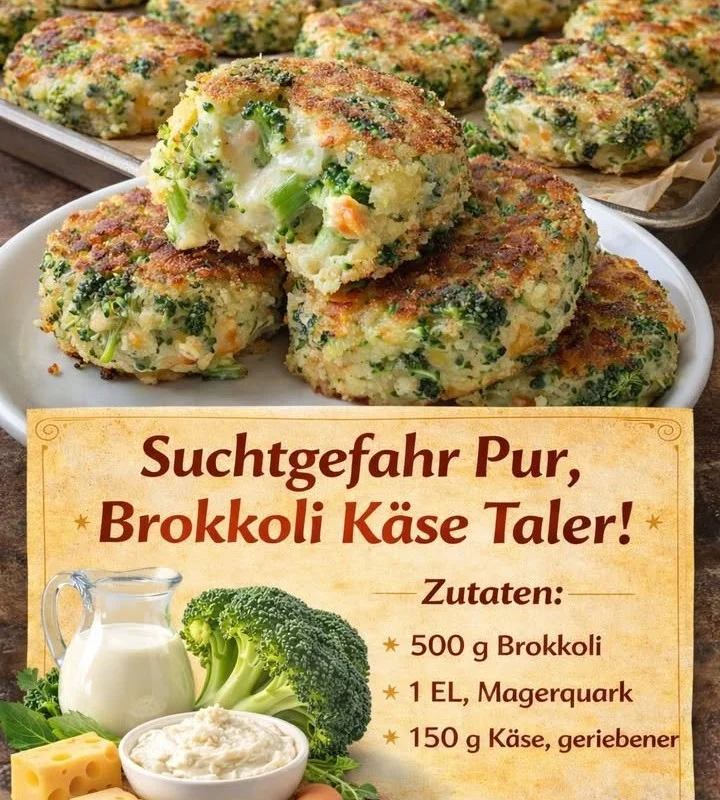 Leckere Brokkoli Käsetaler auf einem Teller, serviert mit frischen Kräutern.