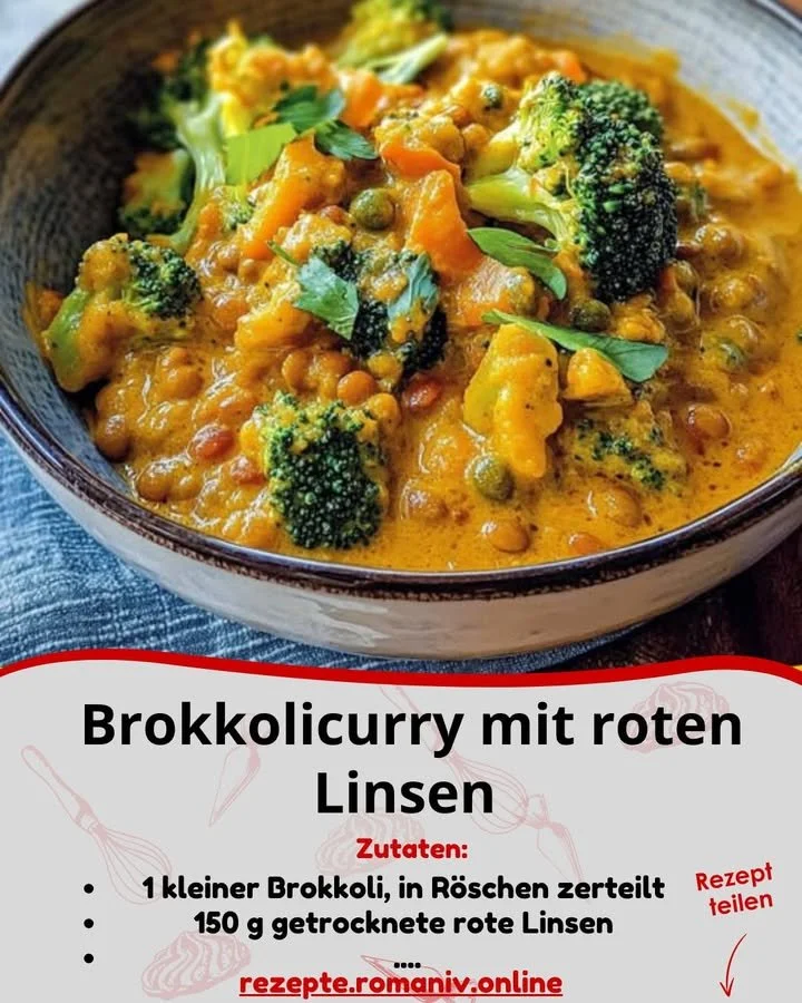 Schälchen mit Brokkolicurry und roten Linsen, serviert mit frischen Kräutern.