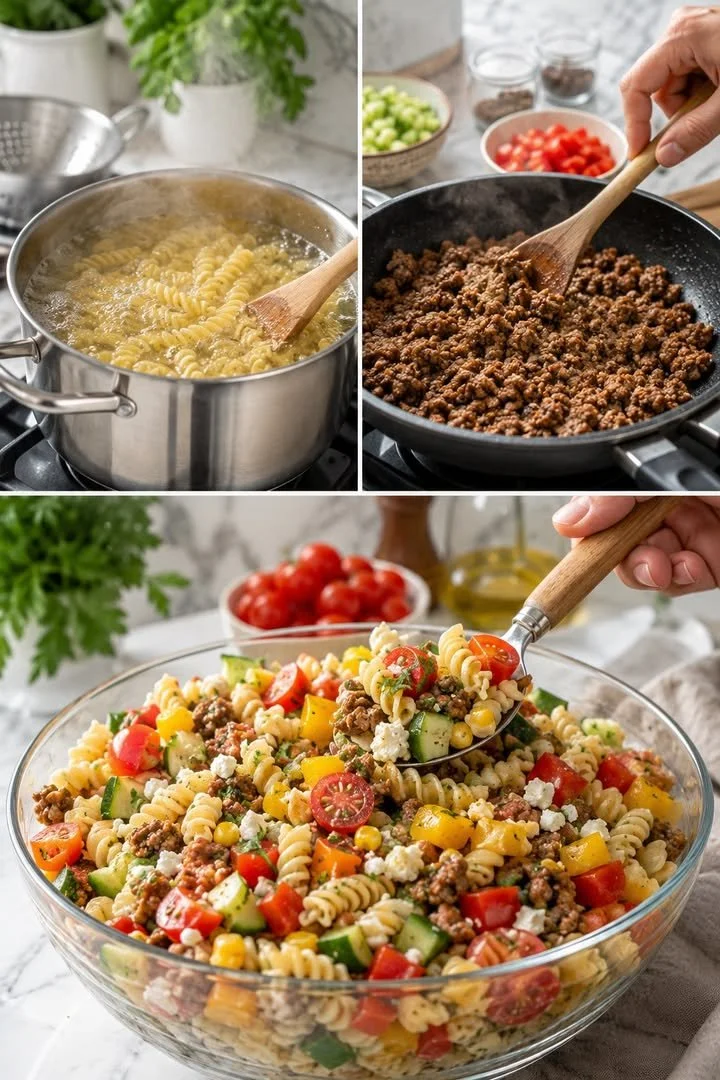 Bunter Nudelsalat mit Hackfleisch, frisch zubereitet und bunt angerichtet.