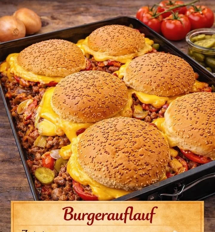 Leckerer Burger Auflauf mit geschmolzenem Käse und frischem Gemüse