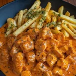 Butter Chicken mit Knoblauchsauce und knusprigen Pommes auf einem Teller