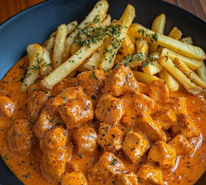 Butter Chicken mit Knoblauchsauce und knusprigen Pommes auf einem Teller