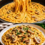 Schale mit Champignon-Spaghetti und frischen Kräutern auf einem Holztisch