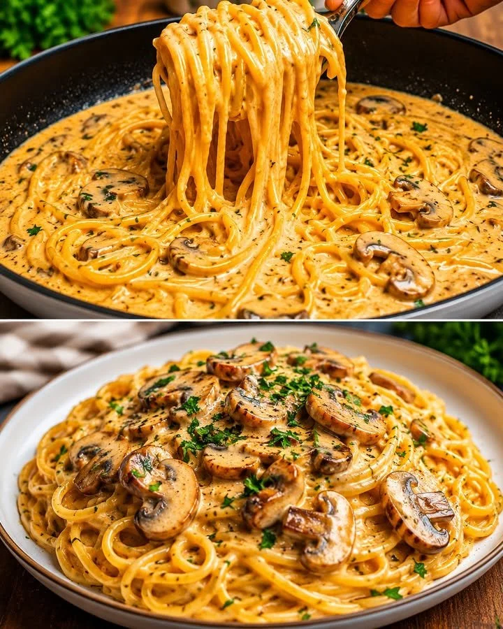 Schale mit Champignon-Spaghetti und frischen Kräutern auf einem Holztisch