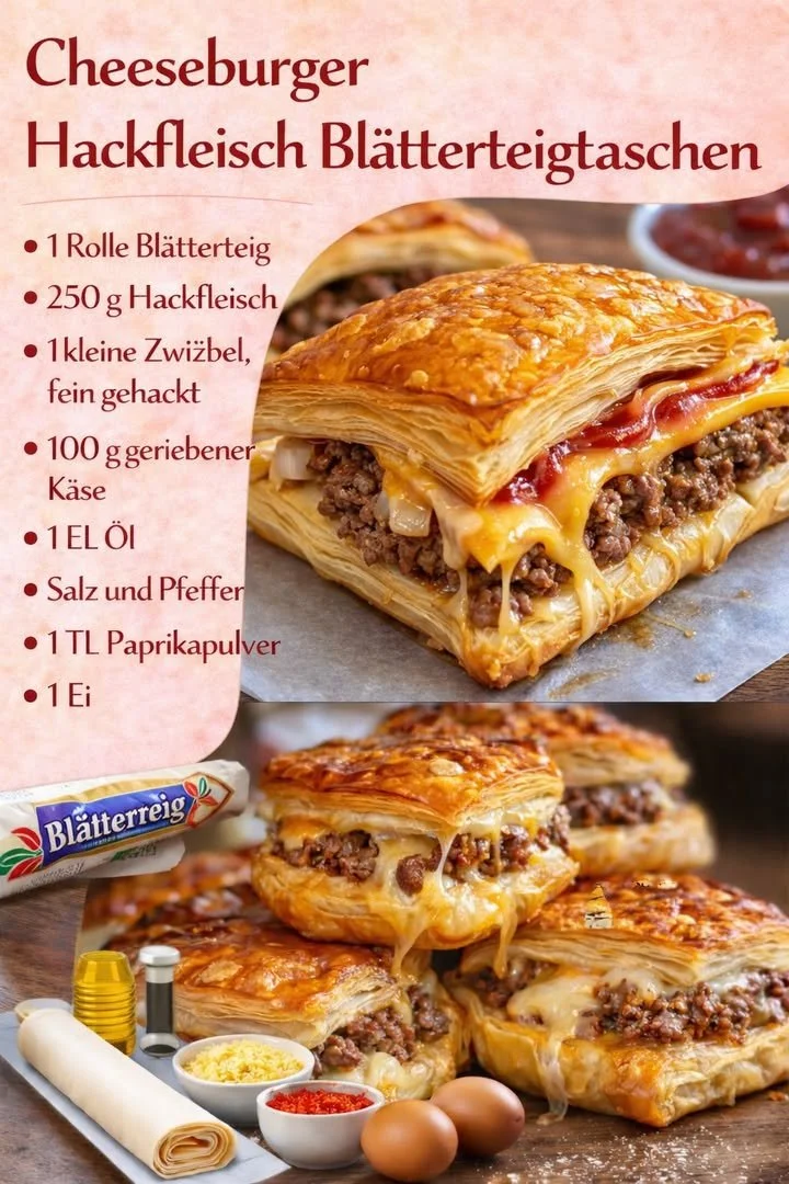 Leckere Cheeseburger Blätterteigtaschen auf einem Teller serviert.