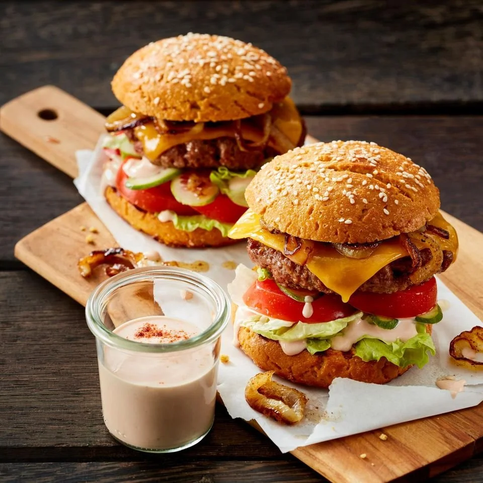 Cheeseburger mit karamellisierten Zwiebeln auf einem Teller