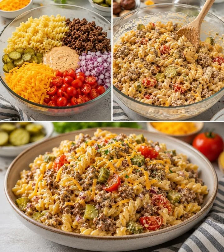 Leckerer Cheeseburger-Nudelsalat serviert auf einem Tisch