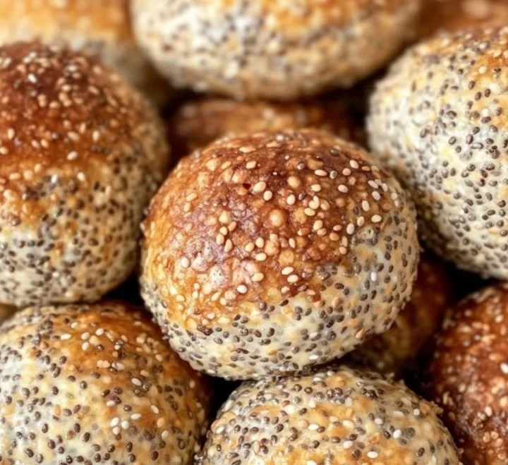 Chia Brötchen mit Flohsamenschalen und Eiweiß auf einem Holzbrett
