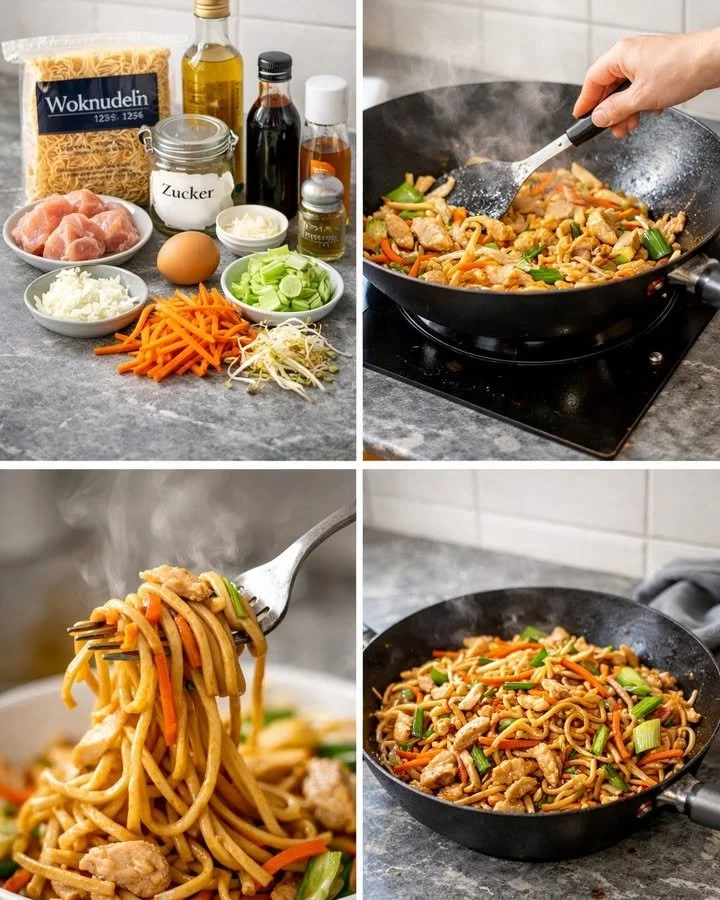 Chinesisch Gebratene Nudeln mit Hähnchen und Gemüse auf einem Teller serviert.