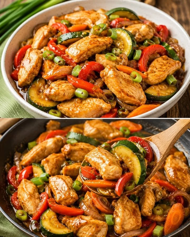 Chinesische Hähnchen Gemüsepfanne mit buntem Gemüse in einer Pfanne zubereitet