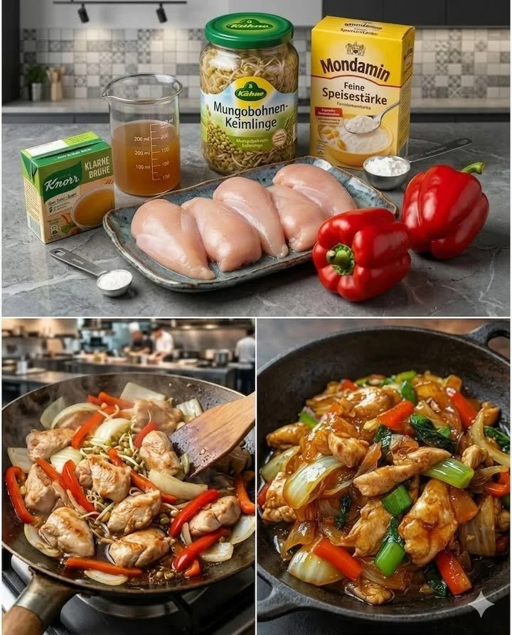 Chinesische Hähnchen-Wokpfanne mit frischem Gemüse und Gewürzen