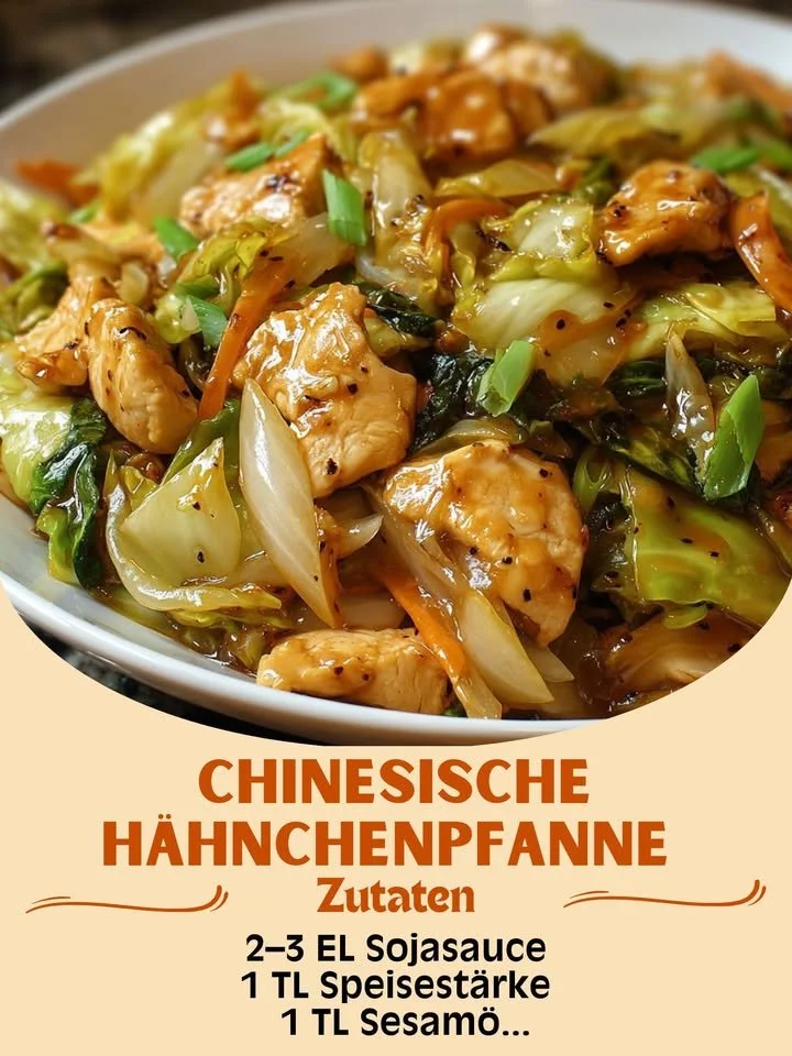 Chinesische Hähnchenpfanne mit Spitzkohl und Zwiebel auf einem Teller
