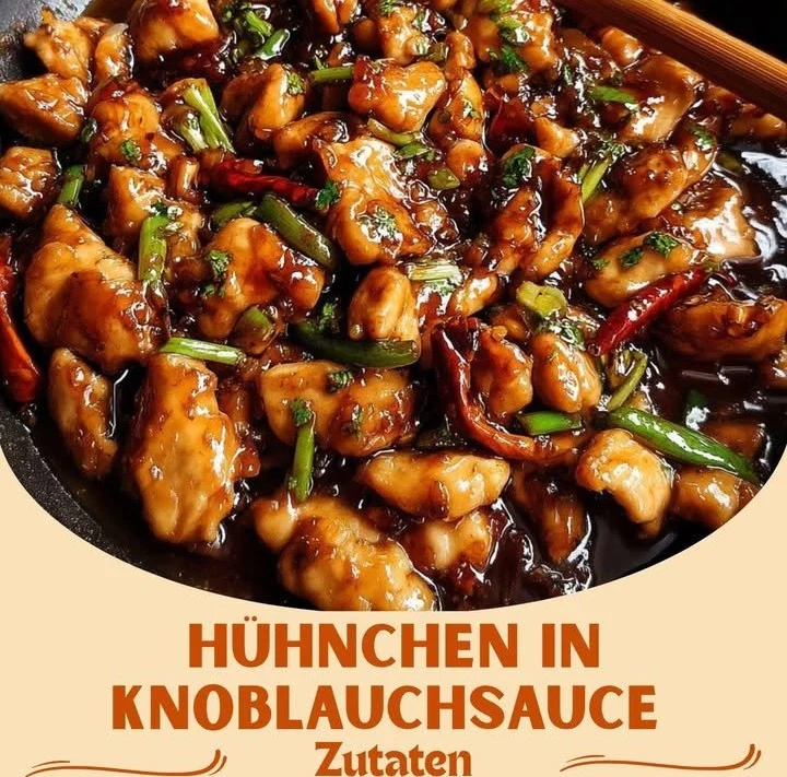 Chinesisches Hühnchen in Knoblauchsauce auf einem Teller serviert