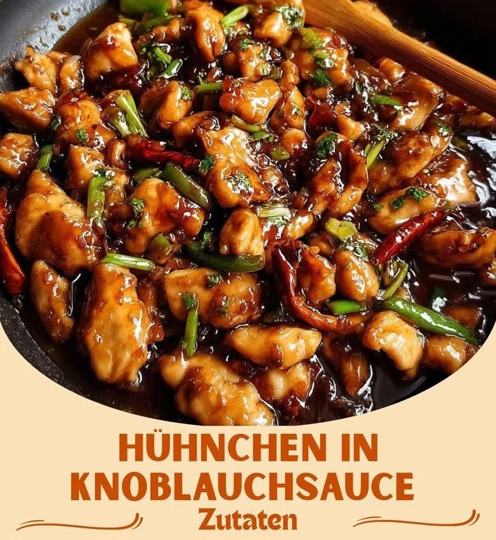 Chinesisches Hühnchen in Knoblauchsauce serviert mit Gemüse