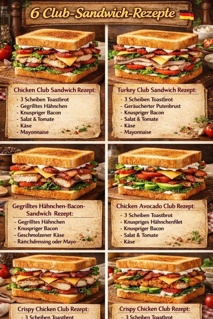 Verschiedene schmackhafte Club Sandwich-Varianten auf einem Tisch.