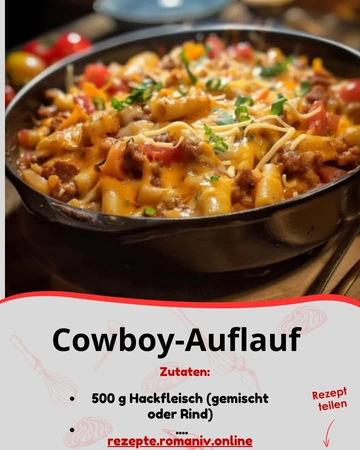 Leckerer Cowboy-Auflauf mit Fleisch und Gemüse auf einem Teller serviert.