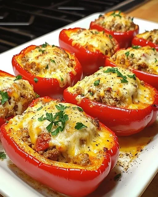 Cremig gefüllte Paprikaschiffchen serviert auf einem Tomatenmeer