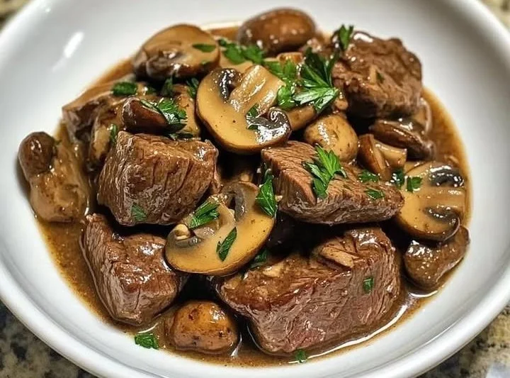 Cremige Filetpfanne mit Champignons und frischen Zutaten auf einem Teller