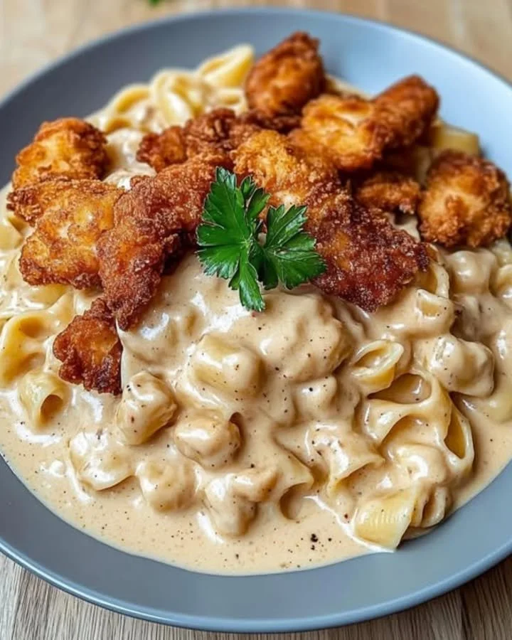 Cremige Hähnchen-Nudelpfanne mit frischen Zutaten und aromatischer Soße.