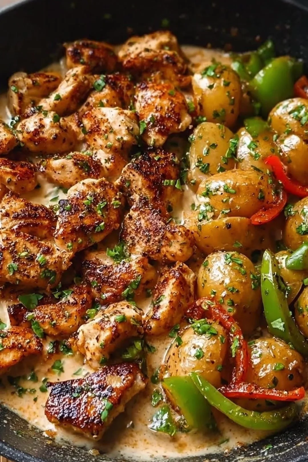 Cremige Hähnchenpfanne mit Kartoffeln und Gemüse auf einem Teller