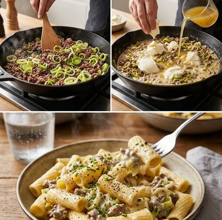 Cremige Käse-Lauch-Pasta mit Hackfleisch auf einem Teller serviert