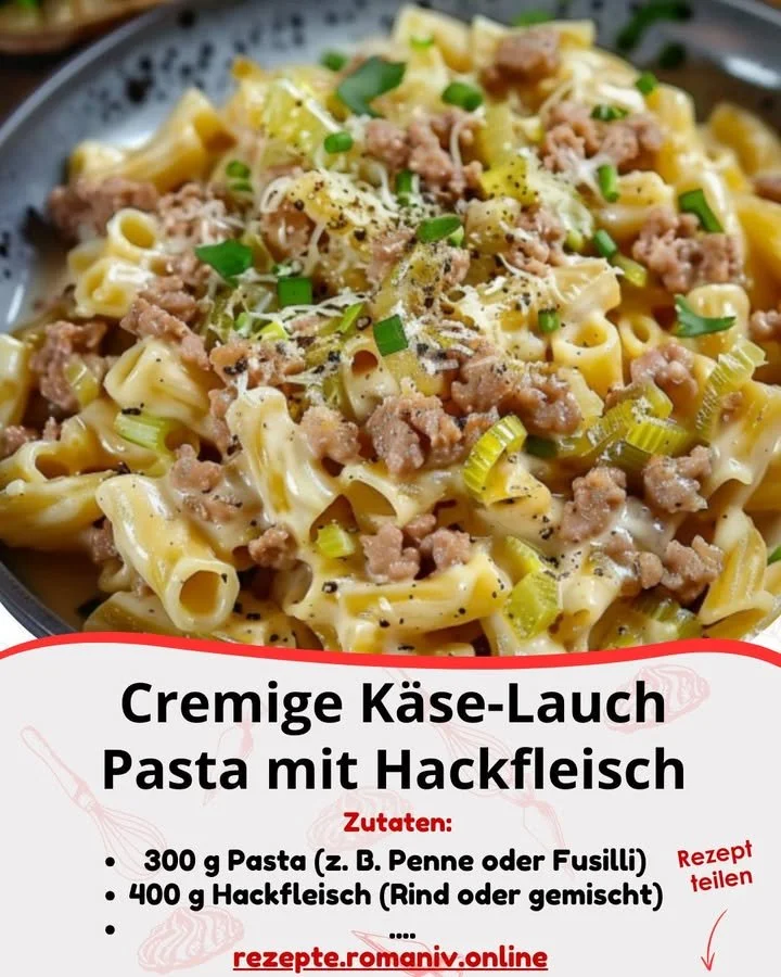 Cremige Käse-Lauch Pasta mit Hackfleisch auf einem Teller