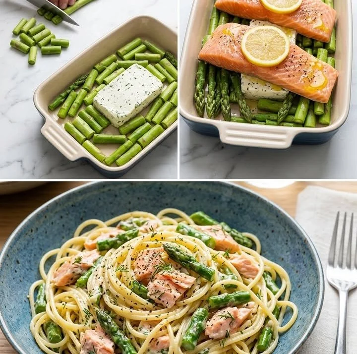 Cremige Lachs-Spargel-Pasta mit frischem Spargel und Lachsstücken an einer sahnigen Sauce