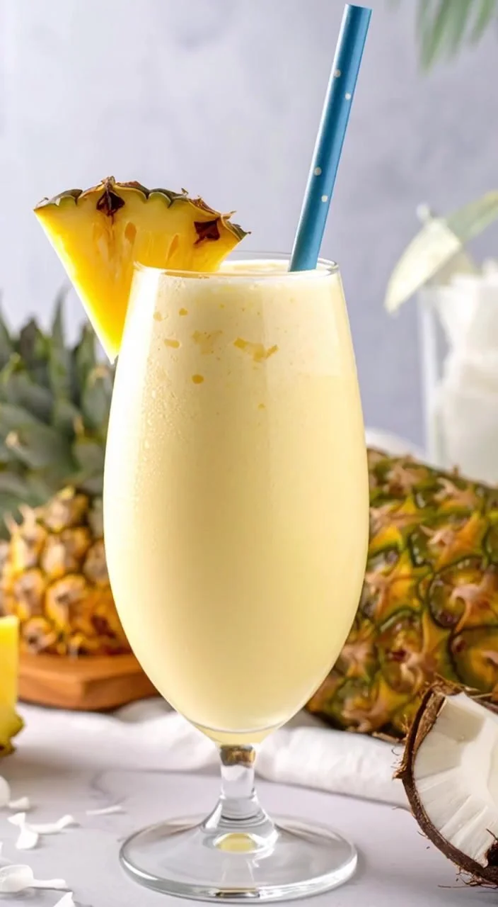 Ein Glas cremige Pina Colada auf einem Tisch am Strand