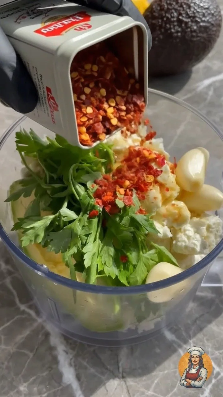 Cremiger Avocado-Feta-Dip in einer Schüssel mit frischen Kräutern garniert