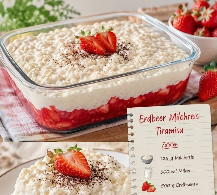 Cremiger Milchreis mit frischen Erdbeeren auf einem weißen Teller