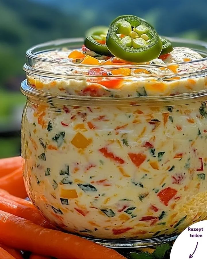 Cremiger Partydip in einer Schale mit frischem Gemüse und Crackern
