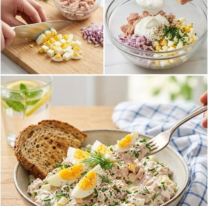 Cremiger Thunfischsalat mit Ei und Joghurt auf einem Teller angerichtet