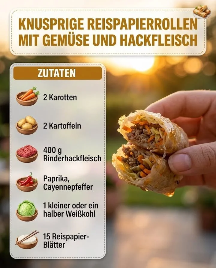 Knusprige Reis-Papier-Rollen gefüllt mit Gemüse und Hackfleisch