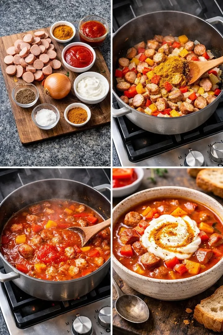Schüssel mit schmackhafter Currywurstsuppe, einem beliebten deutschen Gericht.