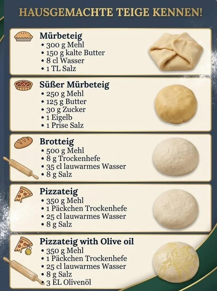 Übersicht über verschiedene Grundteige mit einem Hinweis auf einen Fehler bei den Pizzateigen.