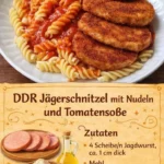 DDR Jägerschnitzel mit Nudeln und Tomatensoße auf einem Teller