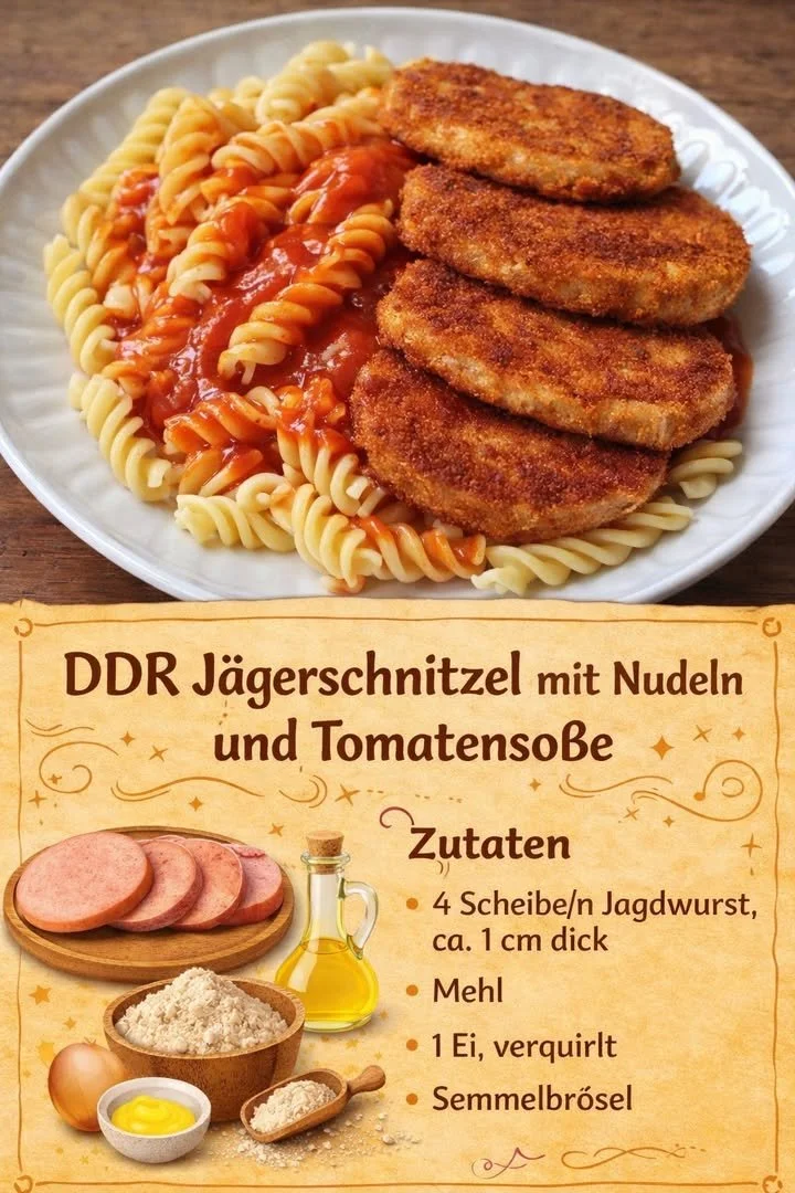 DDR Jägerschnitzel mit Nudeln und Tomatensoße auf einem Teller