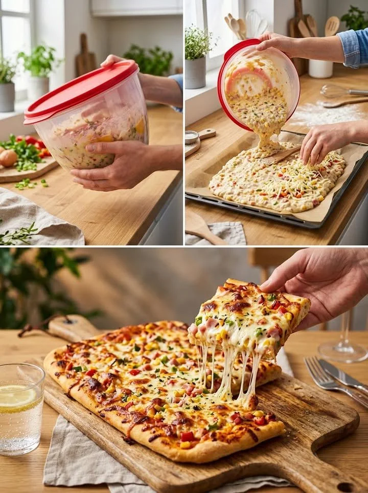 Eine köstliche Schüttelpizza auf einem Holzbrett serviert.