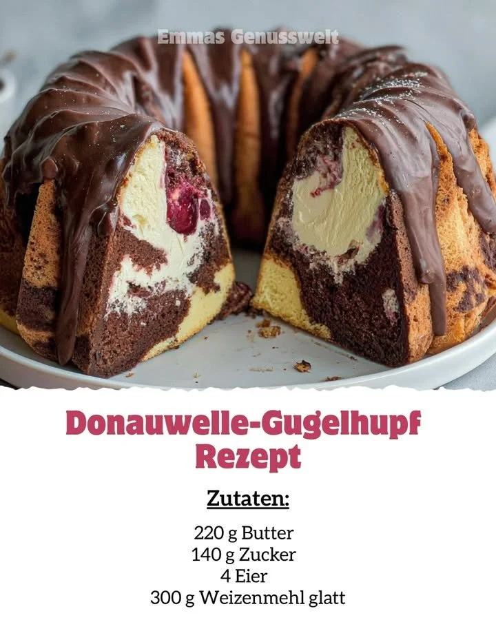 Donauwelle-Gugelhupf mit Schokolade und Kirschen auf einem weißen Teller