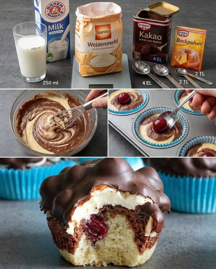 Donauwellen Muffins mit fruchtiger Kirschwelle auf einem Teller