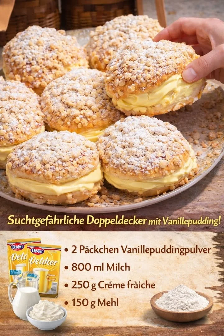 Doppeldecker Dessert mit Vanillepudding in einer schönen Anrichtung.