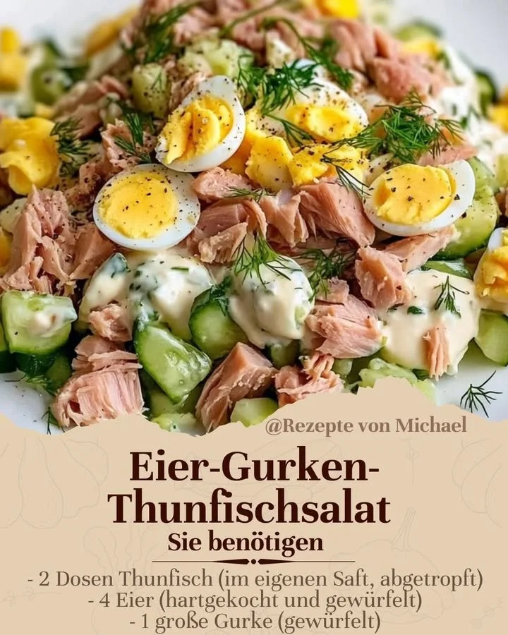 Eier-Gurken-Thunfischsalat mit frischen Zutaten auf einem Teller