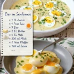 Eier in Senfsauce serviert auf einem weißen Teller