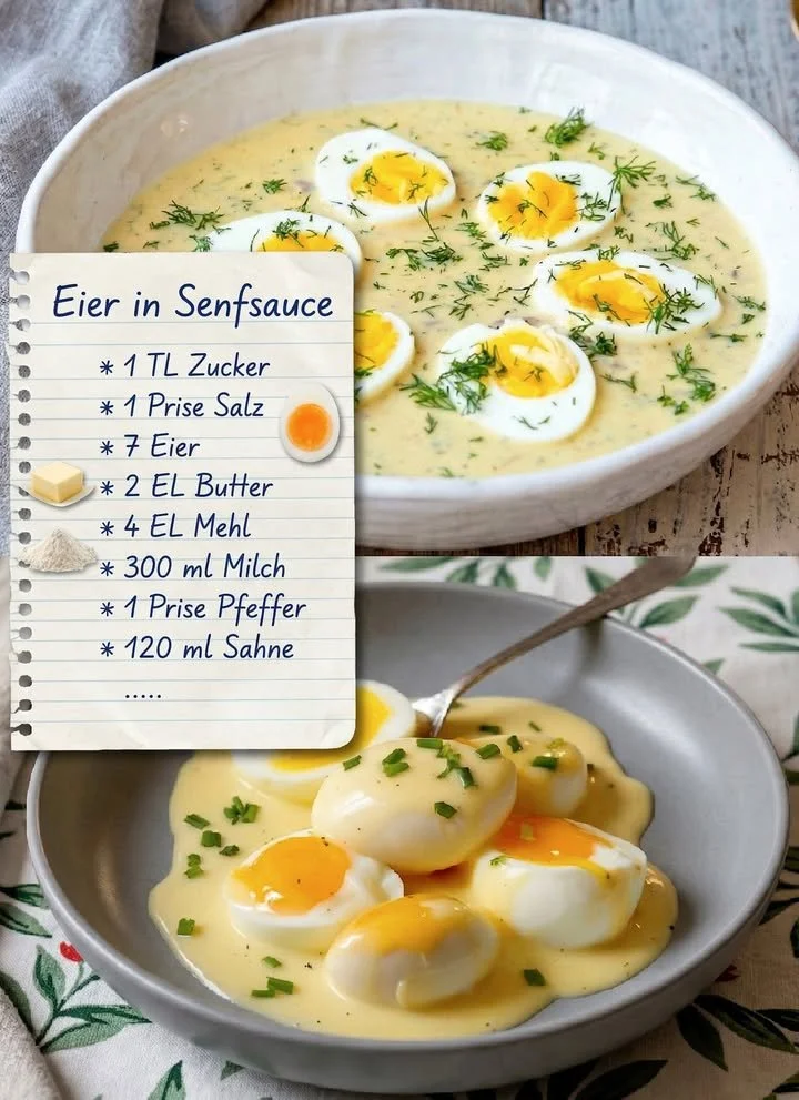 Eier in Senfsauce serviert auf einem weißen Teller